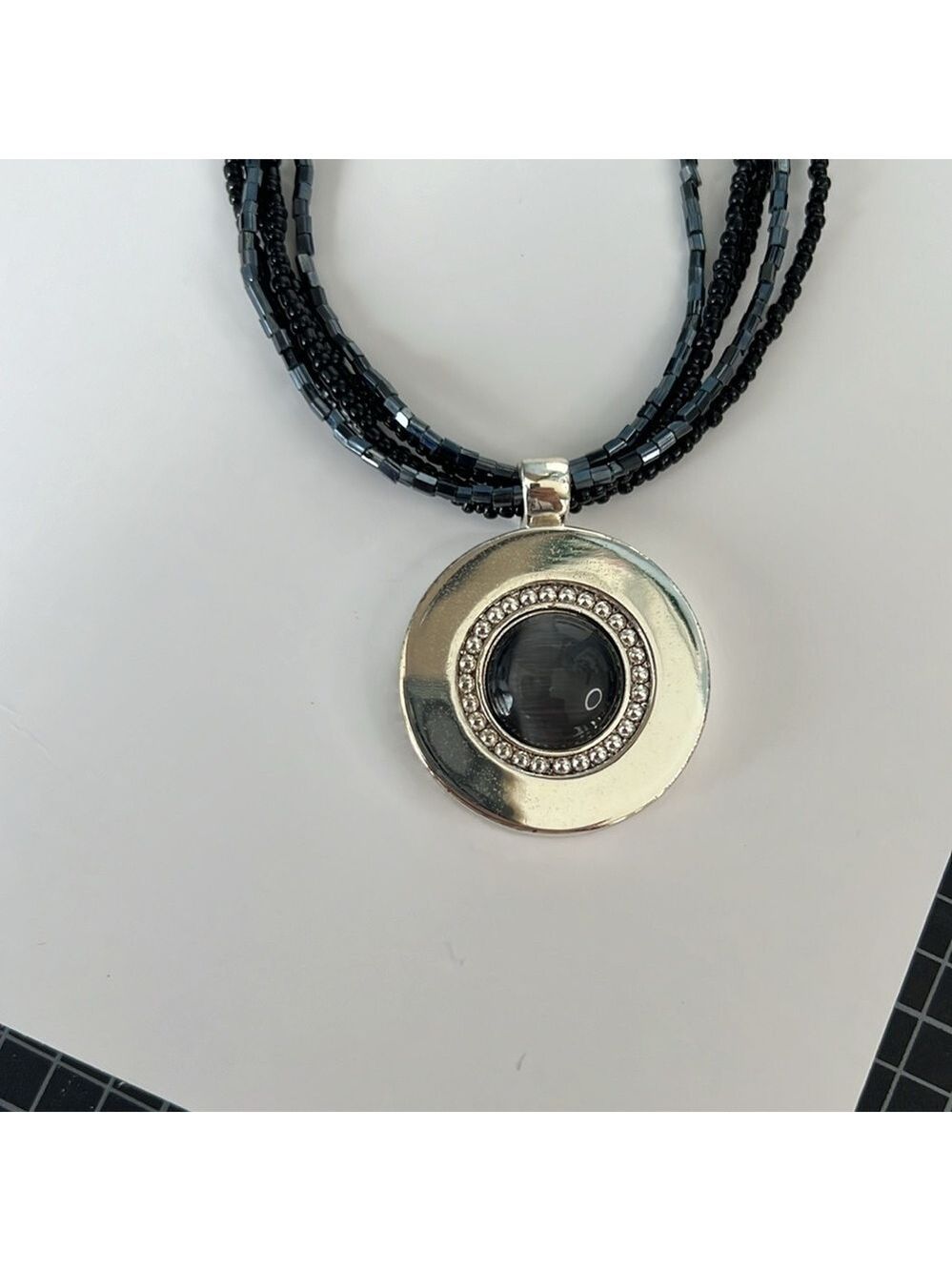 Black and silver necklace, costume fashion necklace. 9.5” long with 3” extender.